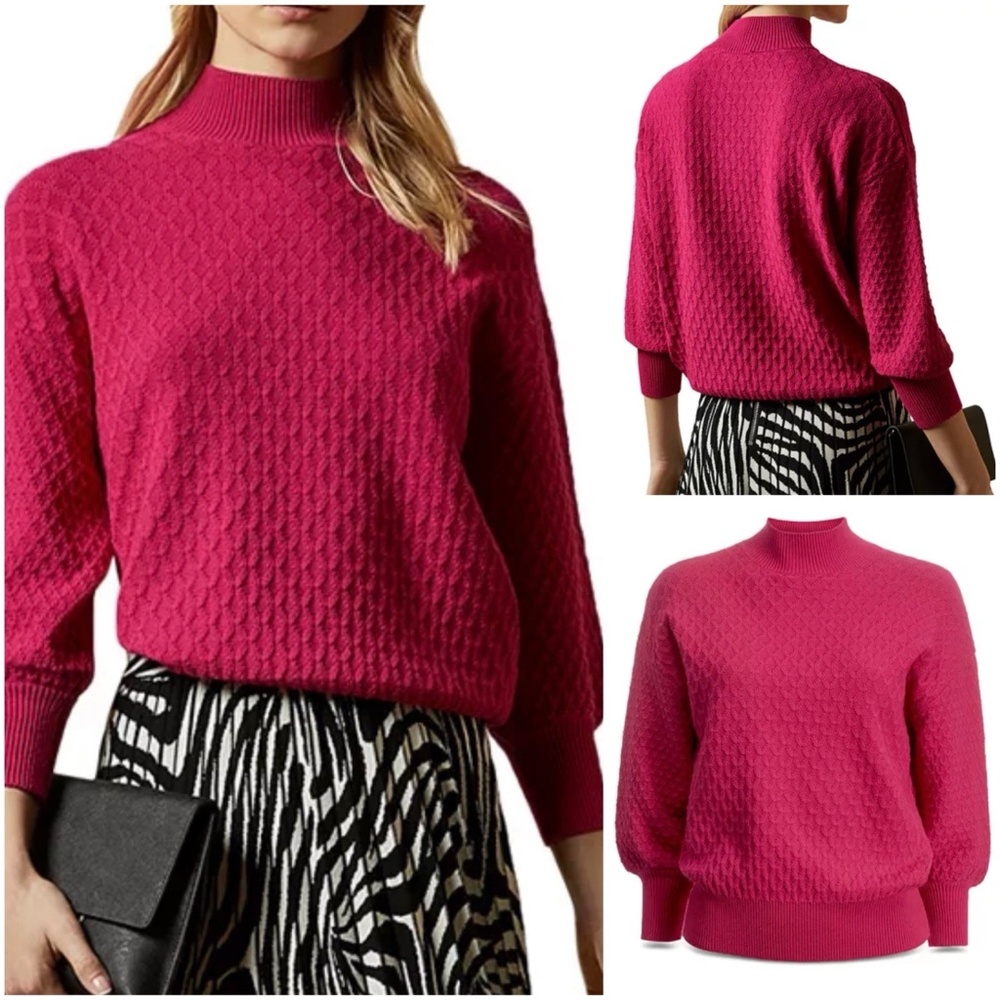 Ted Baker Women Size 1 US 4 Imoginn Textured Sweater Pink Ribbed Mock Neck